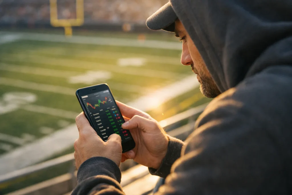 Tableau de cotes NFL affiché sur un écran dans une ambiance de stade de football américain