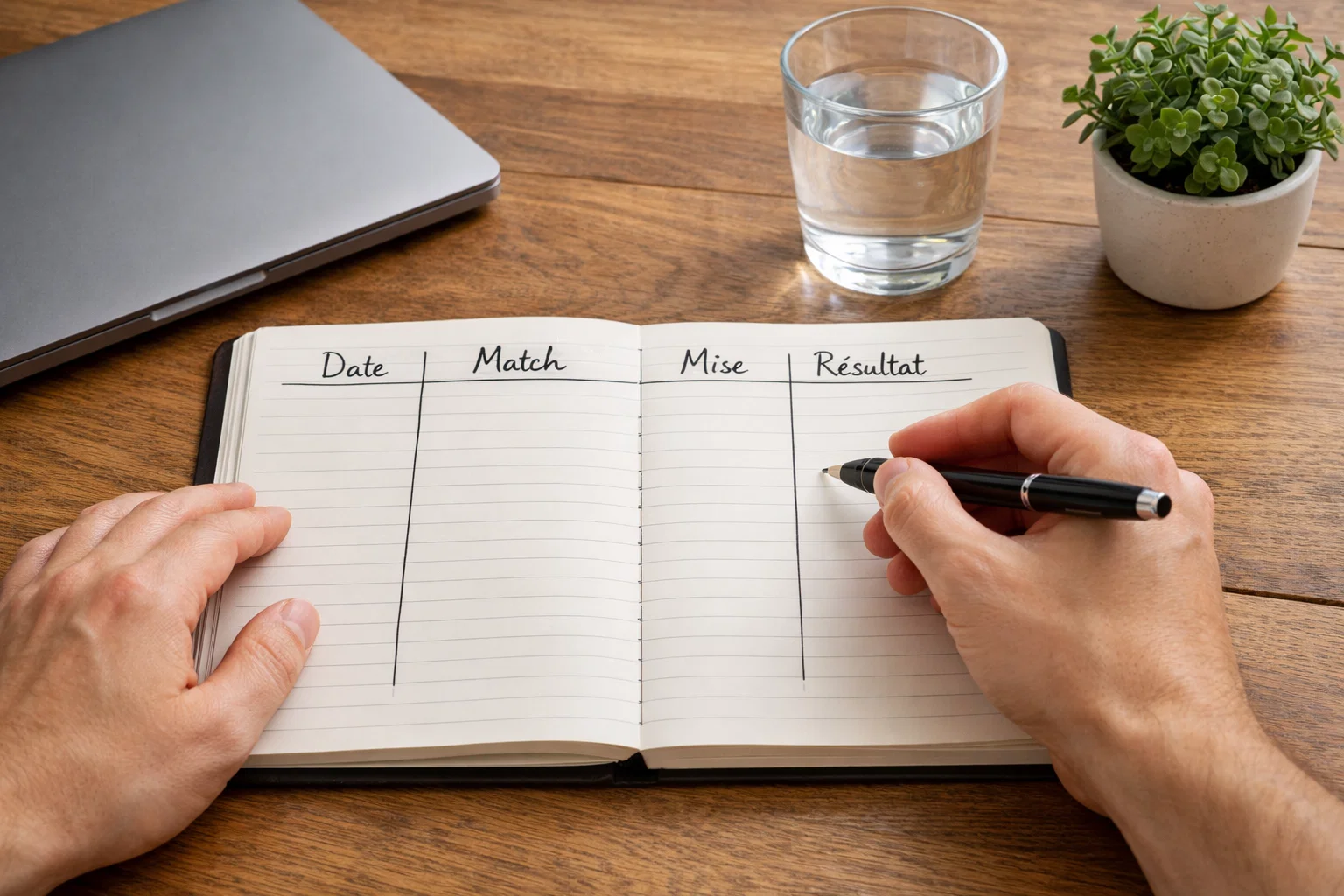 Personne notant ses paris dans un journal avec un stylo sur un bureau ordonné