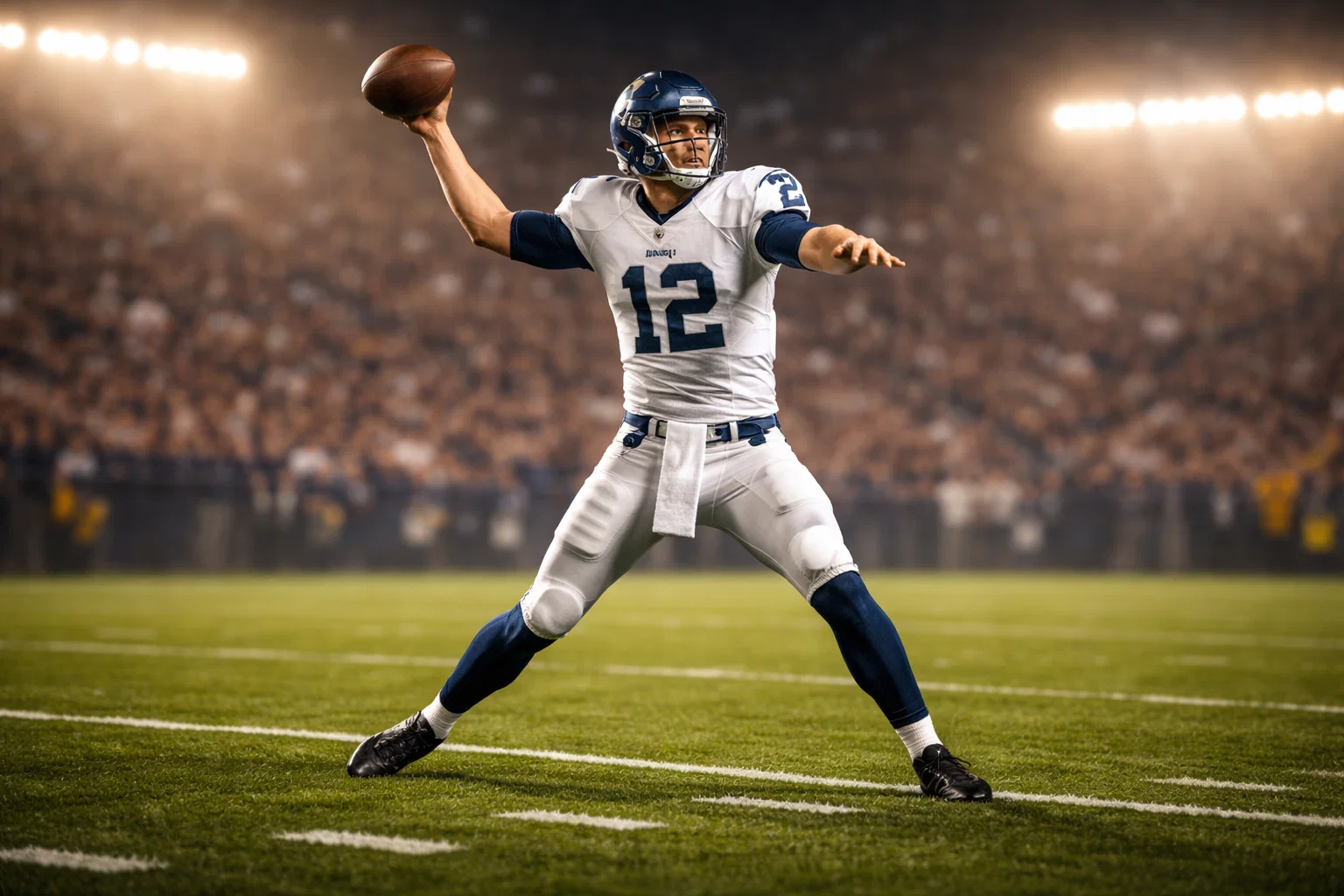 Joueurs de football américain en action sur un terrain de NFL sous les projecteurs