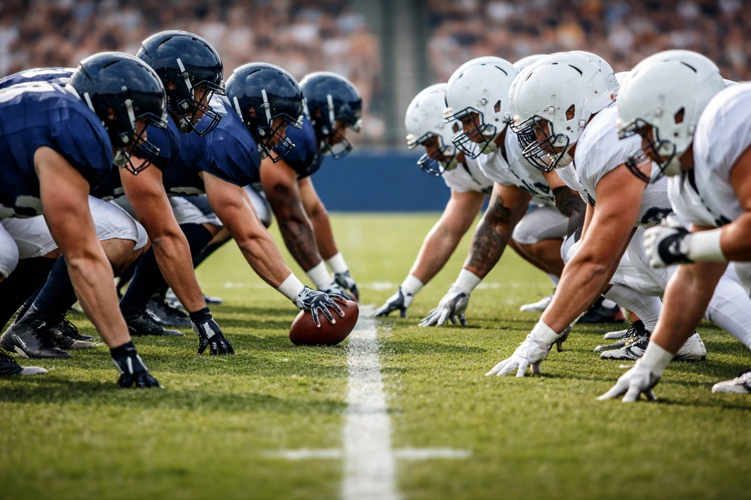 Joueurs de football américain alignés sur la ligne de scrimmage sur gazon naturel