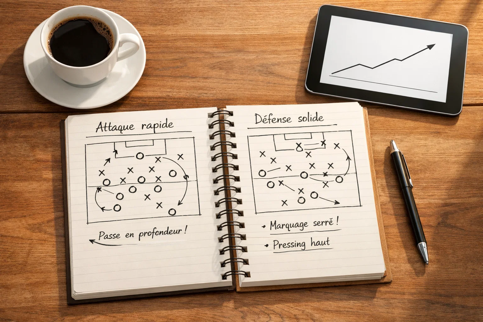 Carnet de notes ouvert avec analyses et schémas de stratégie de football américain