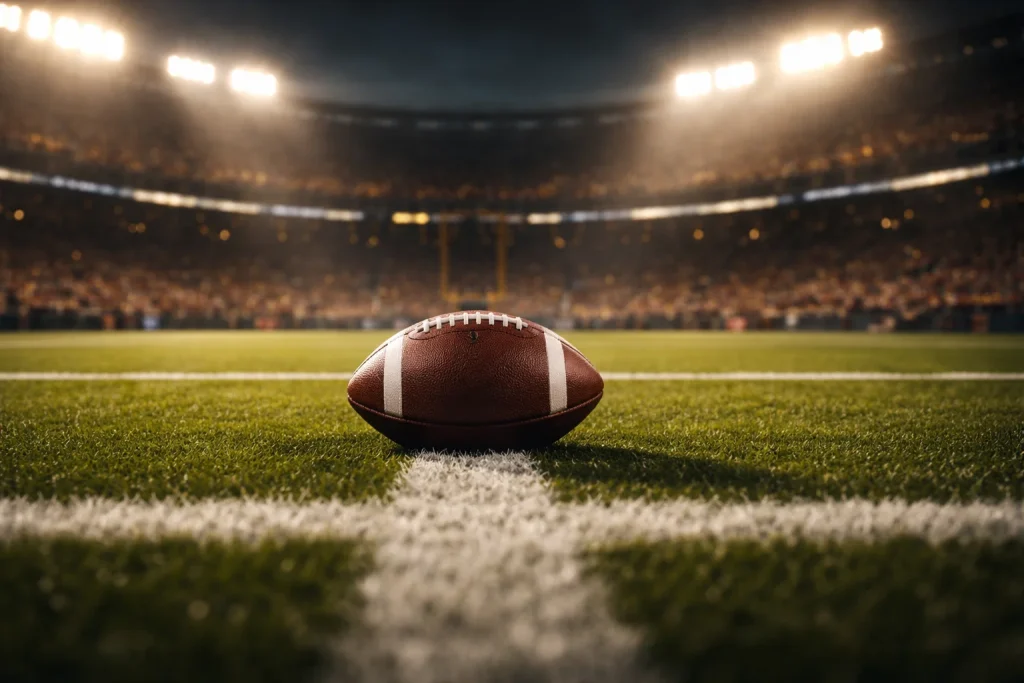 Terrain de football américain NFL vu depuis les lignes de yard sous les projecteurs du stade