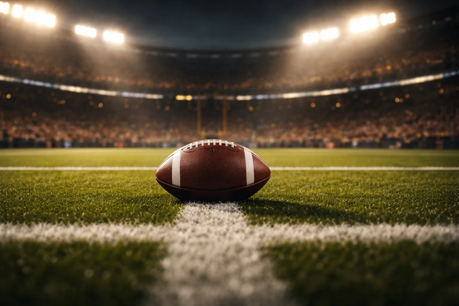 Terrain de football américain NFL vu depuis les lignes de yard sous les projecteurs du stade