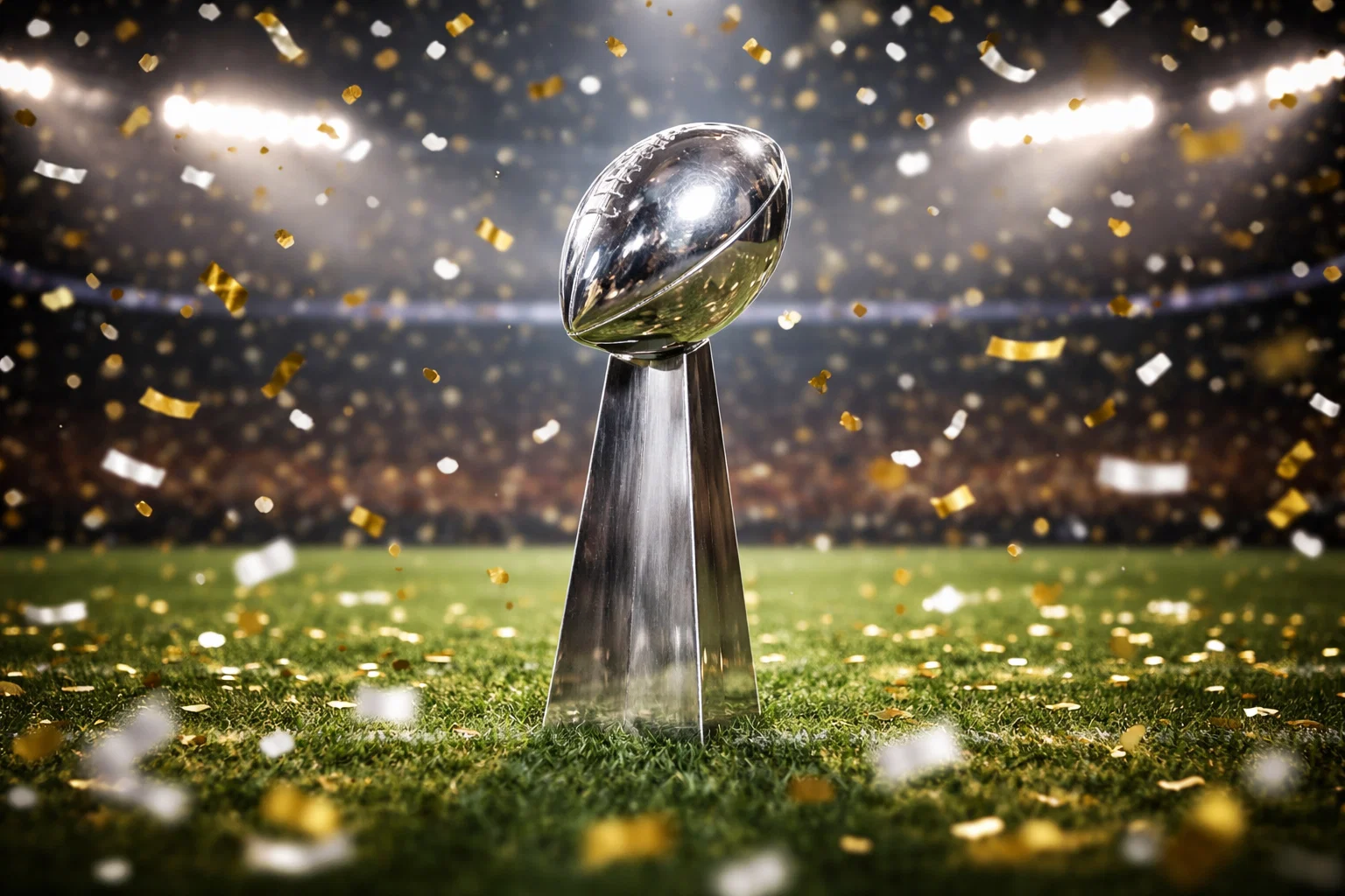 Trophée Vince Lombardi du Super Bowl entouré de confettis dorés sur pelouse