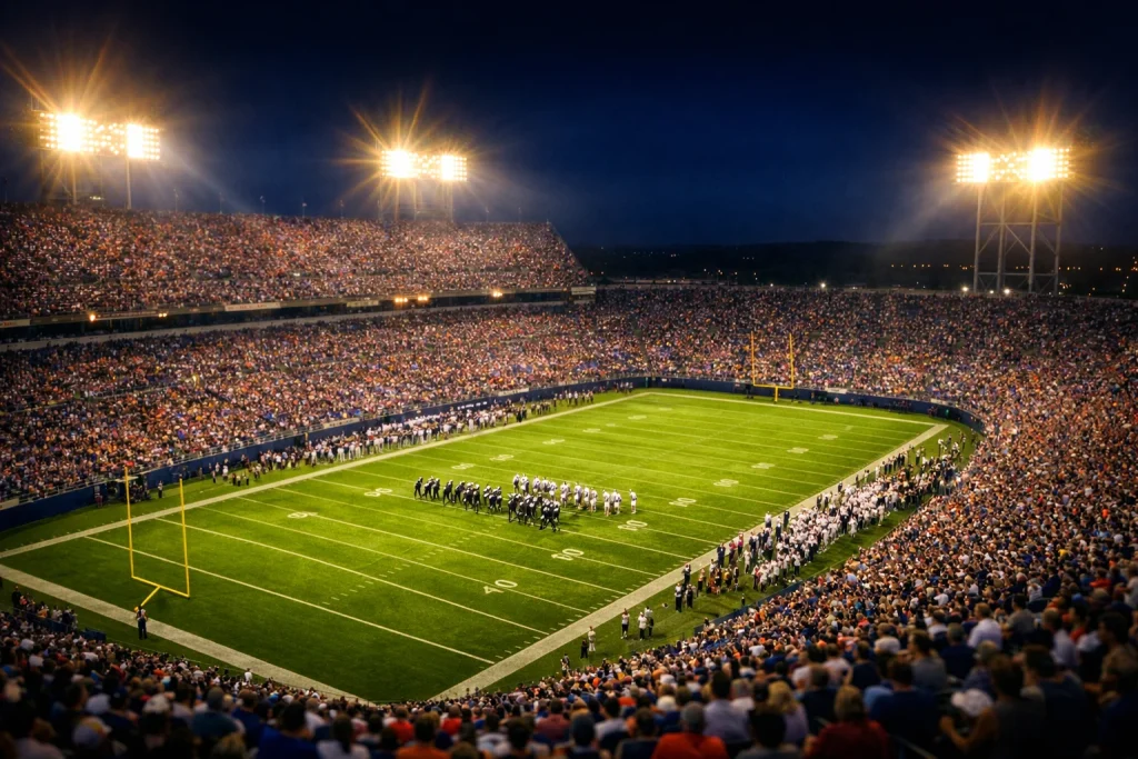 Vue plongeante sur un stade de football américain NFL rempli de spectateurs le soir